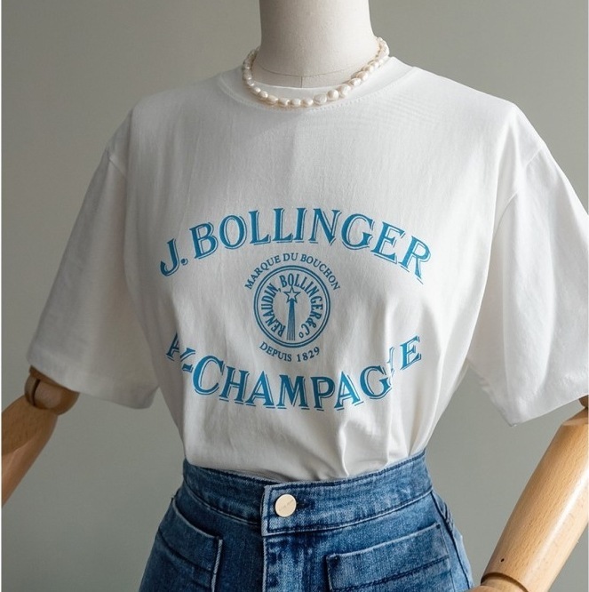 ロゴ入り トップス Tシャツ シャツ プルオーバー 白シャツ 袖あり 半袖 5分袖 五分袖 Uネック ラウンドネック ストレート Iライン かわいい シンプル カジュアル ロゴ入り トップス Tシャツ シャツ プルオーバー 白シャツ 袖