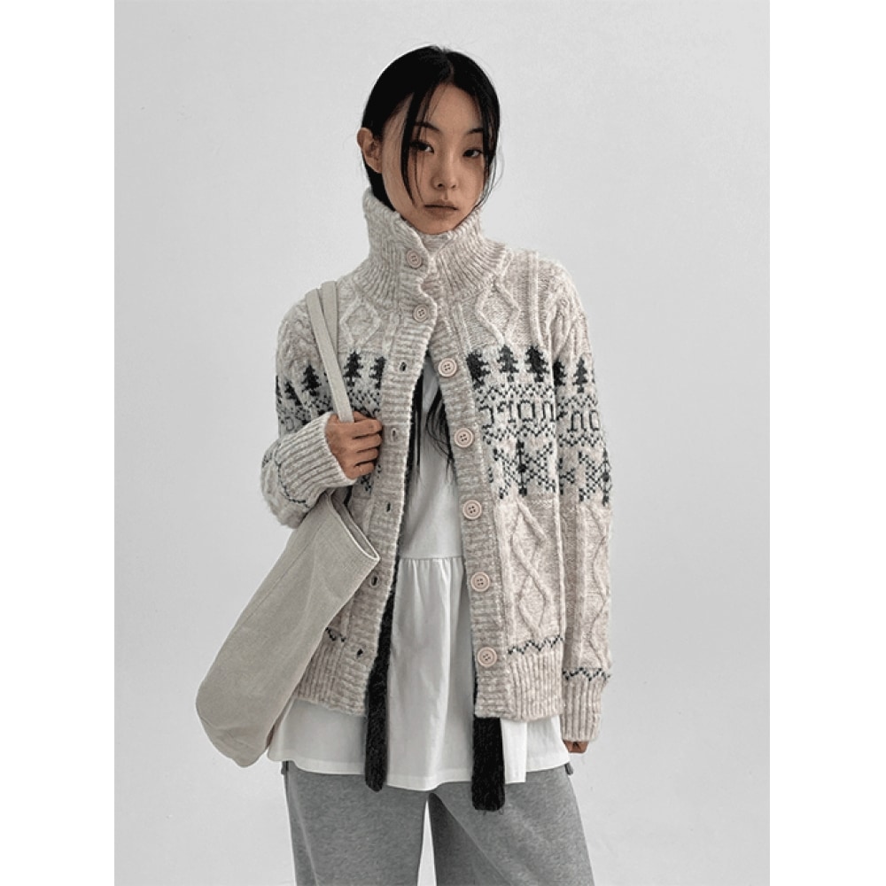 ブラックアップローコートノルディックハイネックニットカーディガン