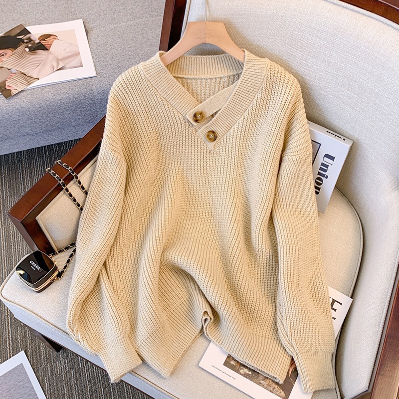 オーバーサイズ ネックベルト＆ボタン装飾 トップス セーター プルオーバー ミディアム丈 長袖 ドロップショルダー 襟なし Vネック マーブルボタン ニット シンプル カジュアル 大人女子 上品