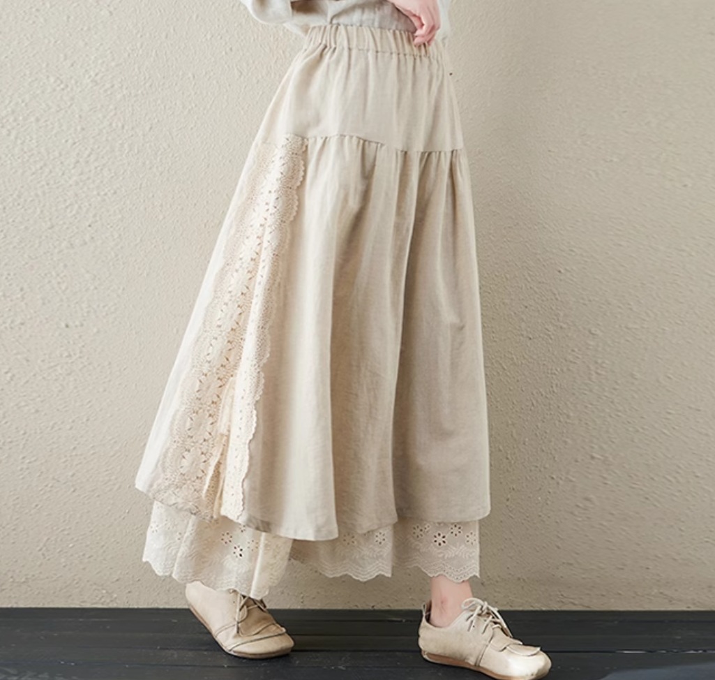 レディース スカート フレア ミディアム フレアスカート ロングスカート レーススカート 膝下 ミモレ ロング マキシ 丈長 フルレングス フレア Aライン 切り替え レース ストレッチ 伸縮性