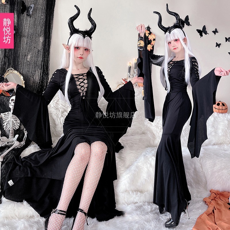 ハロウィン ゴシック レトロ ストラップ 魔女 ロングドレス マジシャン ローブ リトルウィッチ 大人用 コスプレ衣装