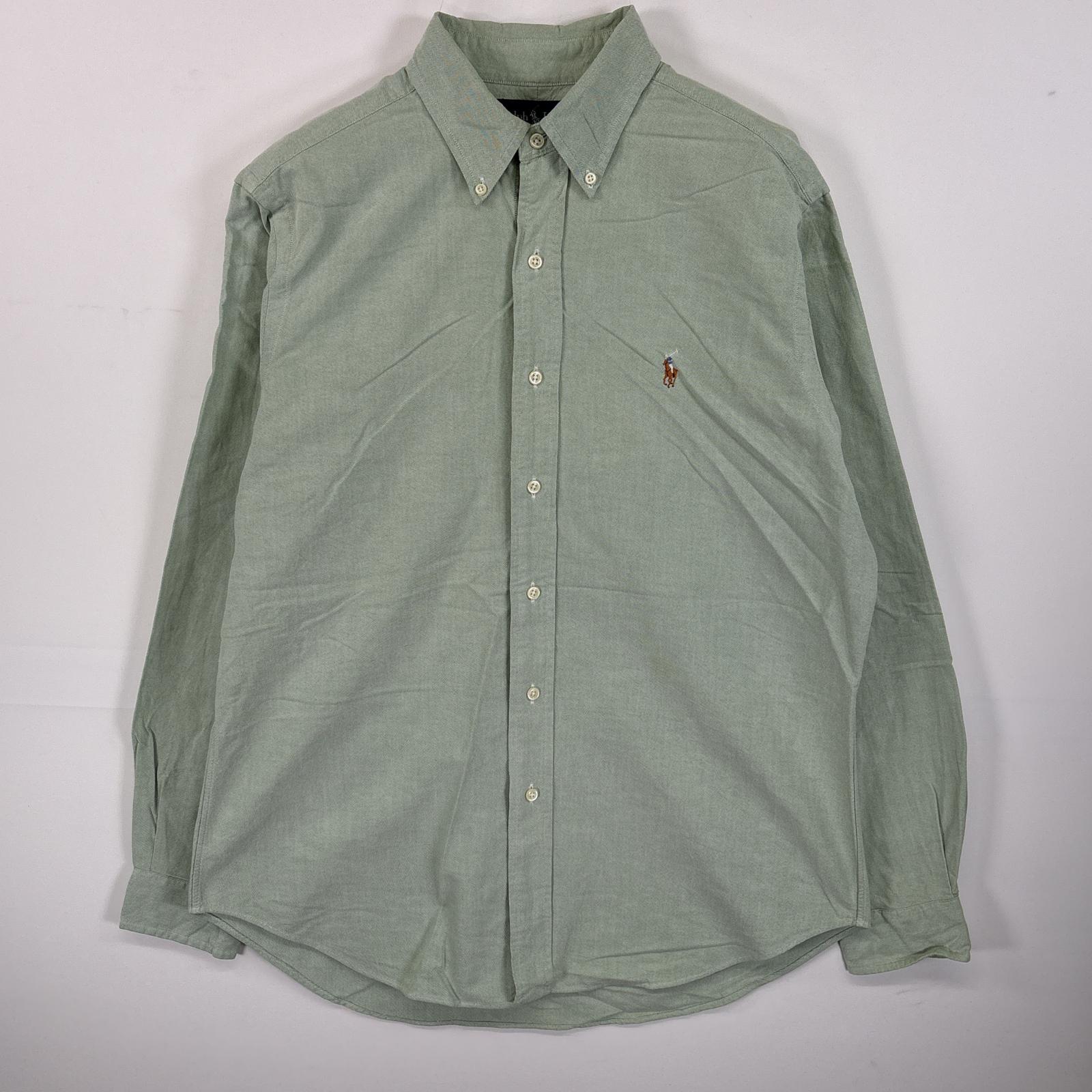 古着 長袖シャツ ボタンダウンシャツ ワンポイント ロゴ 刺繍 オックスフォードシャツ M グリーン 無地 メンズ 5,500円