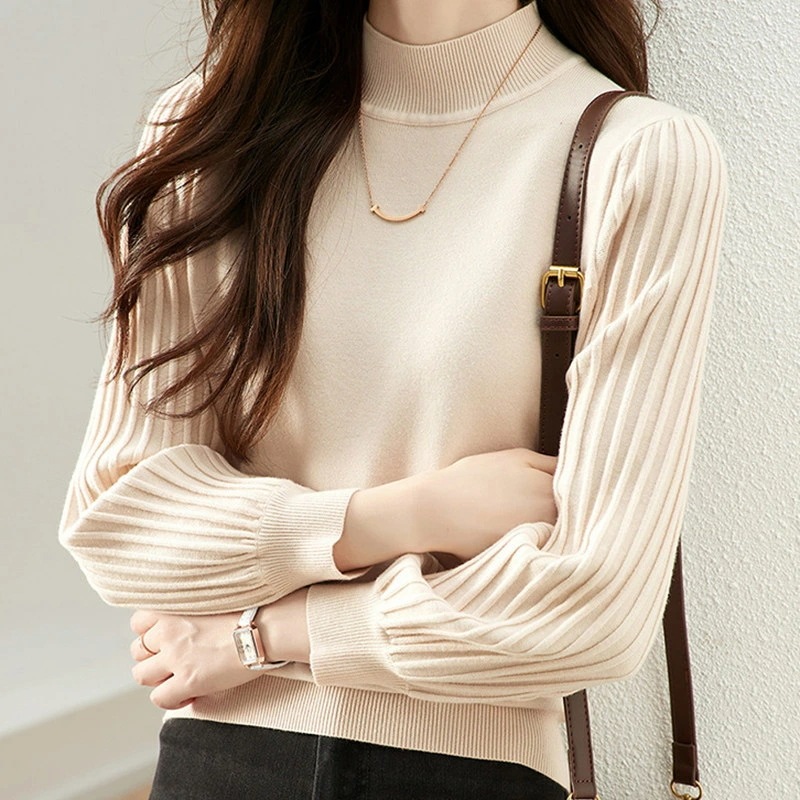 レディース ニットセーター 長袖 スリム プルオーバー リブニット ハイネック セーター ボリューム袖 きれいめ インナー 暖かい トップス 秋 冬 着回し オシャレ お洒落 ニット ロング丈 無地