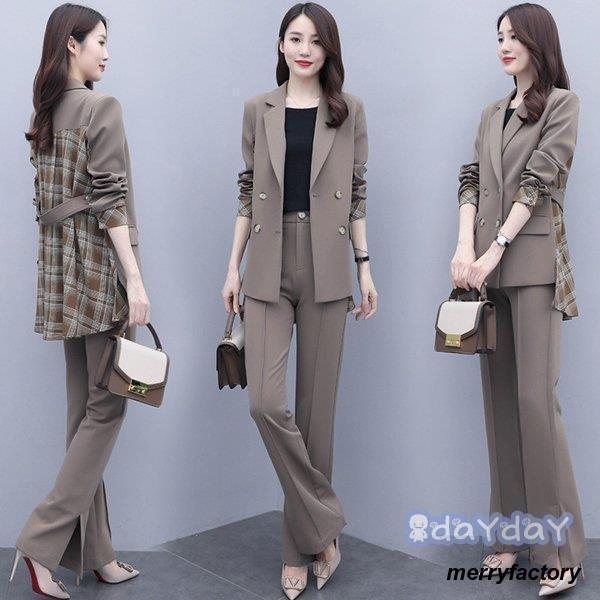 セットアップ レディース 40代 コーデ フォーマル アウター コート チェック柄 長ズボン パンツスーツ 大きいサイズ きれいめ おしゃれ 着痩せ 通勤 上品 L