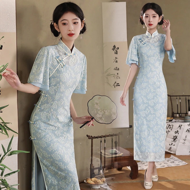 2024春夏改良チャイナドレスロングレース気質ブルーデイリースリムハイウエストチャイナドレススカート