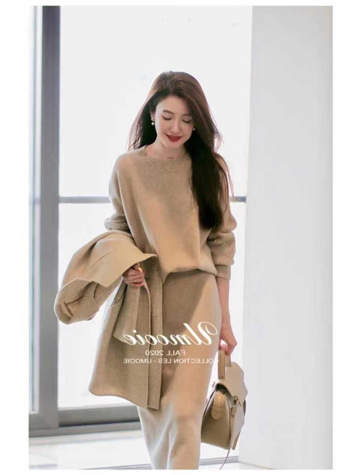 スカートセットアップスカートスーツロング丈スカート無地長袖ＡライIンブラウスニットニットセーターレディースタイトスカート通勤OLフォーマルビジネスママオシャレエレガント大きいサイズ2点セット上下セット