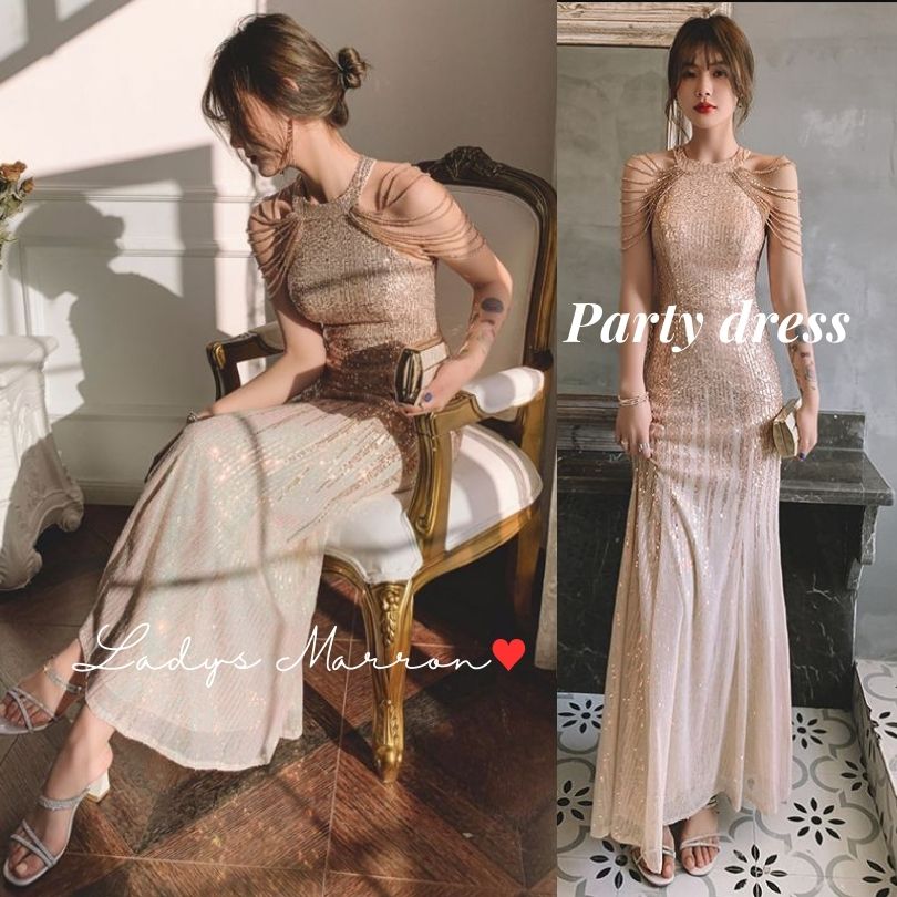 6月の新製品利用可能なポイント スパンコールドレス イブニングドレス ベージュドレス ロングドレス ホルターネックドレス 結婚式ドレス パーティードレス キラキラドレス お呼ばれドレス キラキラ 結婚