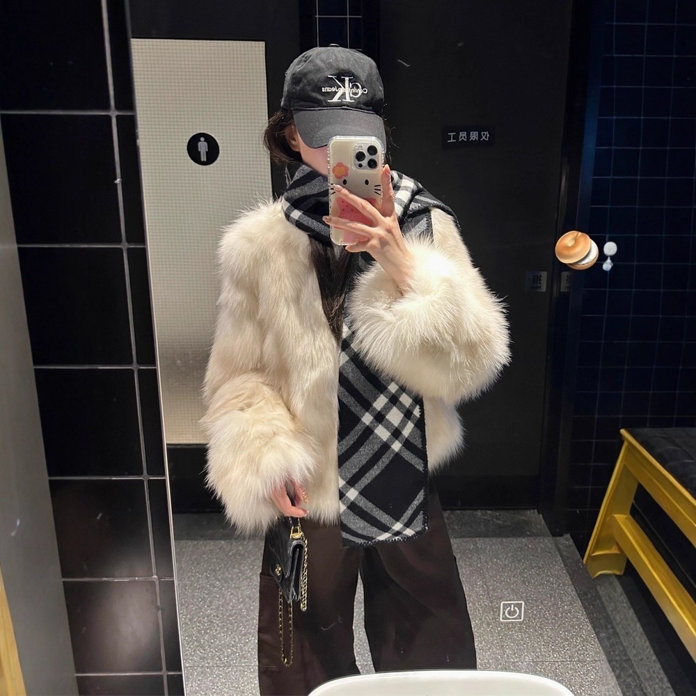 グラデーションツートンキツネ毛アウター 冬 ショート加厚 エコファーロングコート フェイクファー