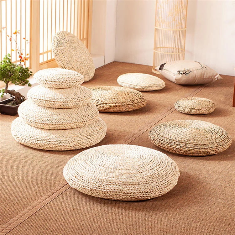 直径90cm 真綿充填 座禅を組む 藤編 草編 フロアクッション 座布団 おしゃれ クッション ラウンドクッション 大きい インテリア 円形クッション 蒲団 丸型 畳 座布団 丸座布団 和室 ギャザー