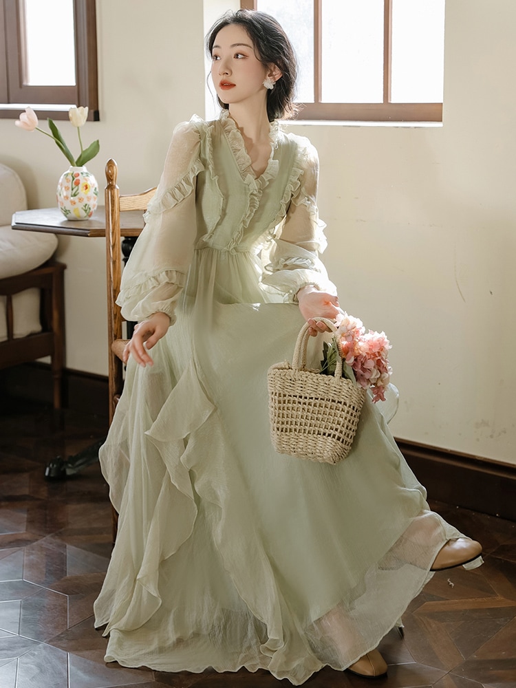 良質のフレンチフェアリードレスミントグリーンドレススカート長袖ドレスロングスカートV23