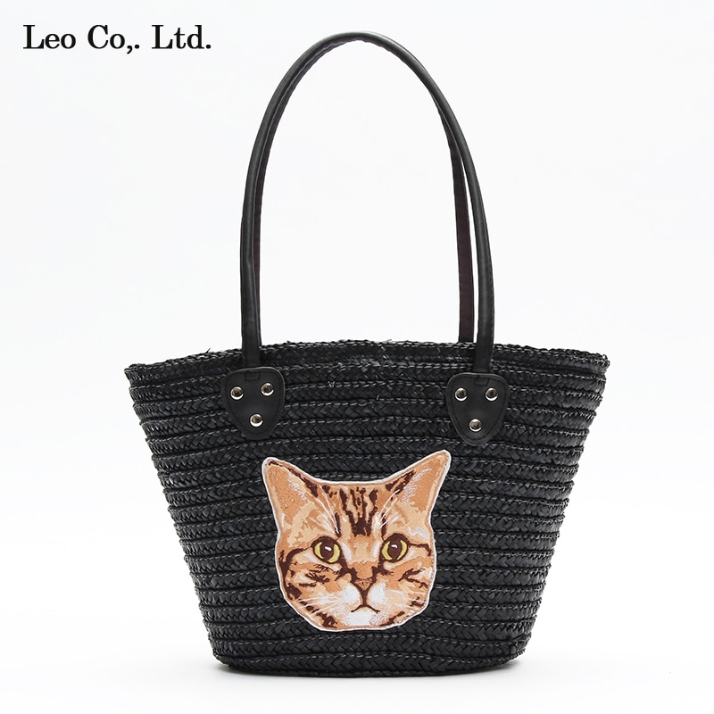 かごバッグ ねこ 猫 刺繍 トートバッグ 底ビス付 (C:ブラック/アメショー猫)