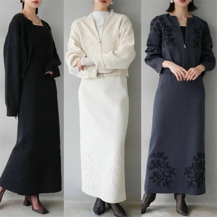 セットアップ 新作 レディース スカートセット 上下セット 花柄 立体 長袖 2点セット デザイン感 前開き ファスナー スカート コート 春 秋 冬 体型カバー かわいい エレガント ゆったり 20