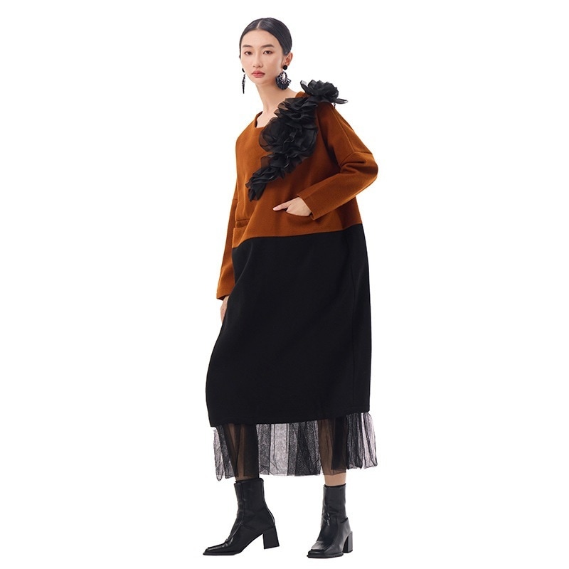 欧美風 ニットワンピース 花飾り チュールドッキング ラジャーワンピース フリル 秋冬 おしゃれ レディース 関連商品購入可能 5,799円