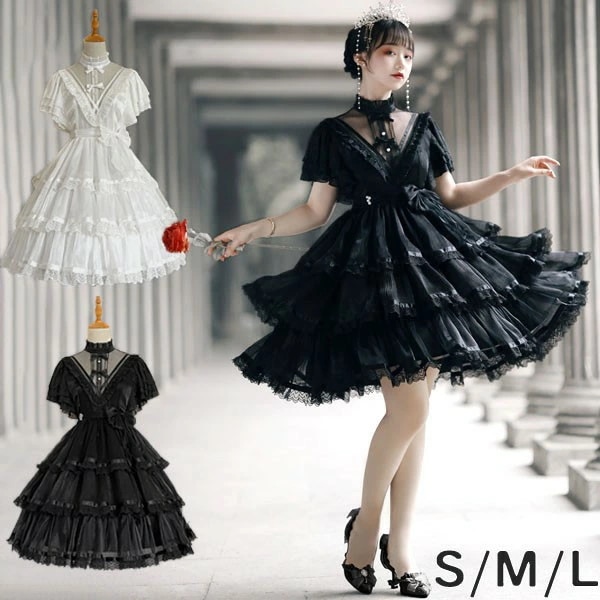 ロリータ ゴスロリ ゴシック ワンピース Aライン Lolita リボン 透け感有り 膝丈 レース レディース コスチューム クラロリ 衣装 かわいい フリル 仮装 パーティ イベント 可愛い ブラッ