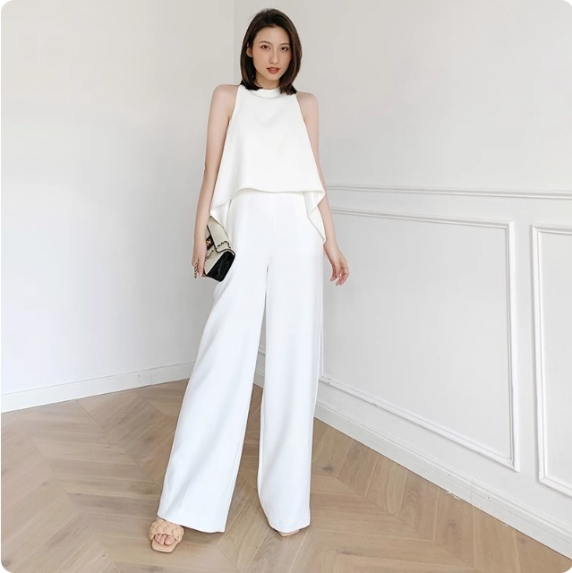 レディース ボトムス スーツ セットアップ ストレートパンツ ロングパンツ ワイドパンツ ロング 丈長 袖なし ノースリーブ モックネック 襟なし ワイド フレア ストレート ハイウエスト