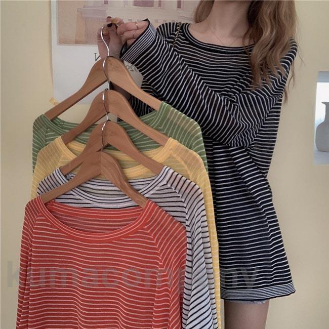 長袖Tシャツ レディース Tシャツ ボーダー柄 ゆったり 透明ニット 長袖 ブラウス 冷房対策 夏 日焼け対策 ニットTシャツ クルーネック