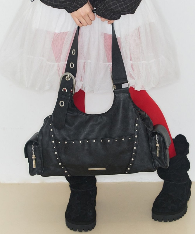 ループダブルポケットショルダーバッグブラック