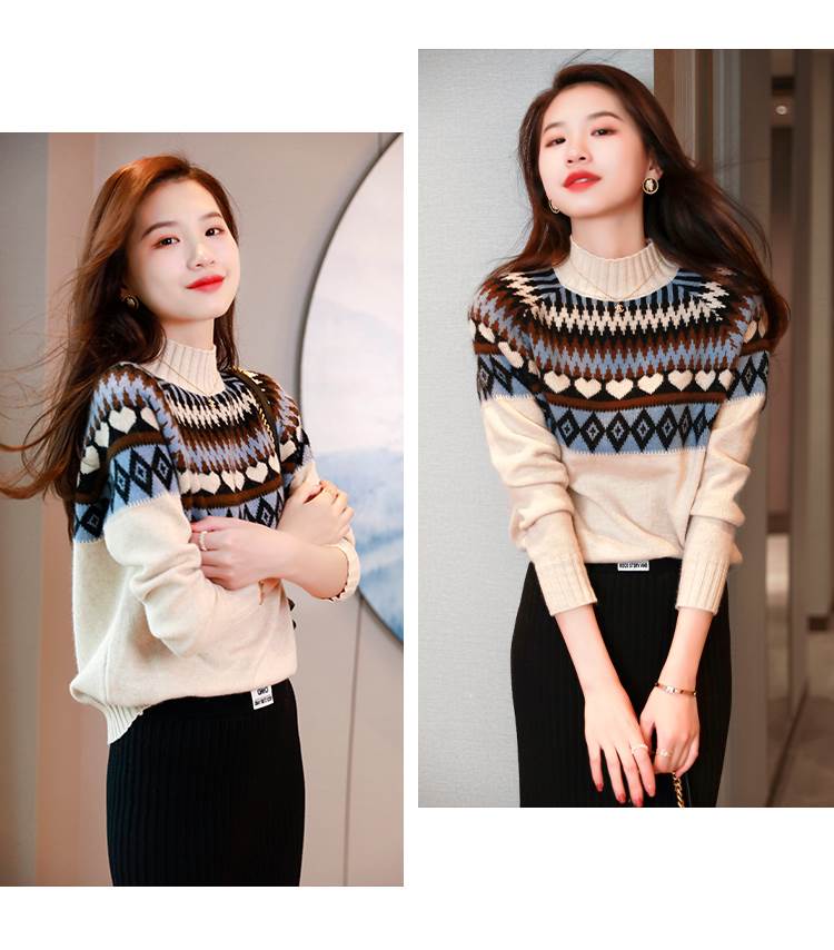 ニットセーター トップス セーター 袖あり 長袖 ハイネック かわいい 大人可愛い カジュアル 大人 おしゃれ お洒落 大人女子 こなれ感 ラフ キュート 個性的 抜け感 柄 秋 冬 20代 30代