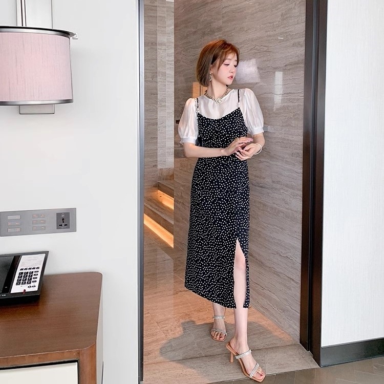 セットアップ 2点セット レディース シャツ シンプル ラウンドネック 無地 パフスリーブ 半袖 ワンピース 総柄 ドット 水玉 キャミワンピ ゆったり ミモレ丈 スリット ハイウエスト 膝下