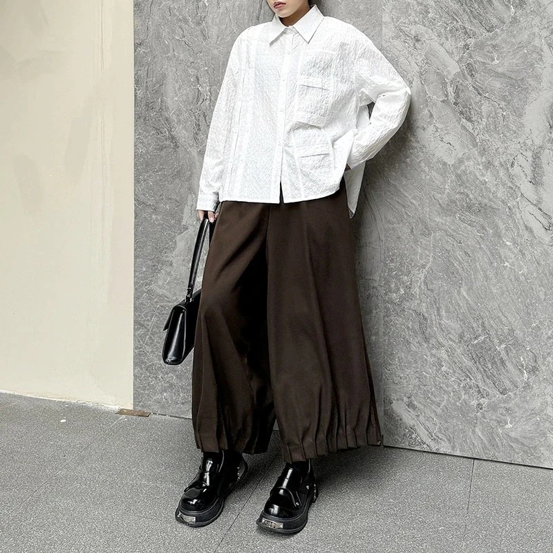 【J.Fashion】 2024秋新品 ロングパンツ プリーツ裾 ワイドパンツ レディース スラックス ゴム ロングパンツ メガ割30%制限