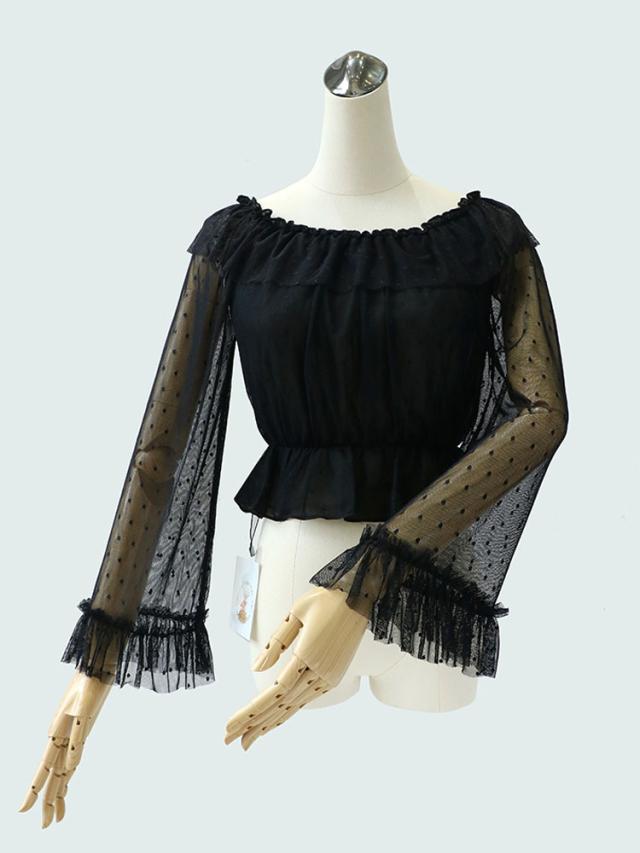 【短納期】スウィートロリータブラウスシルクレースラッフルポルカドットセミシェアブラックロリータトップ