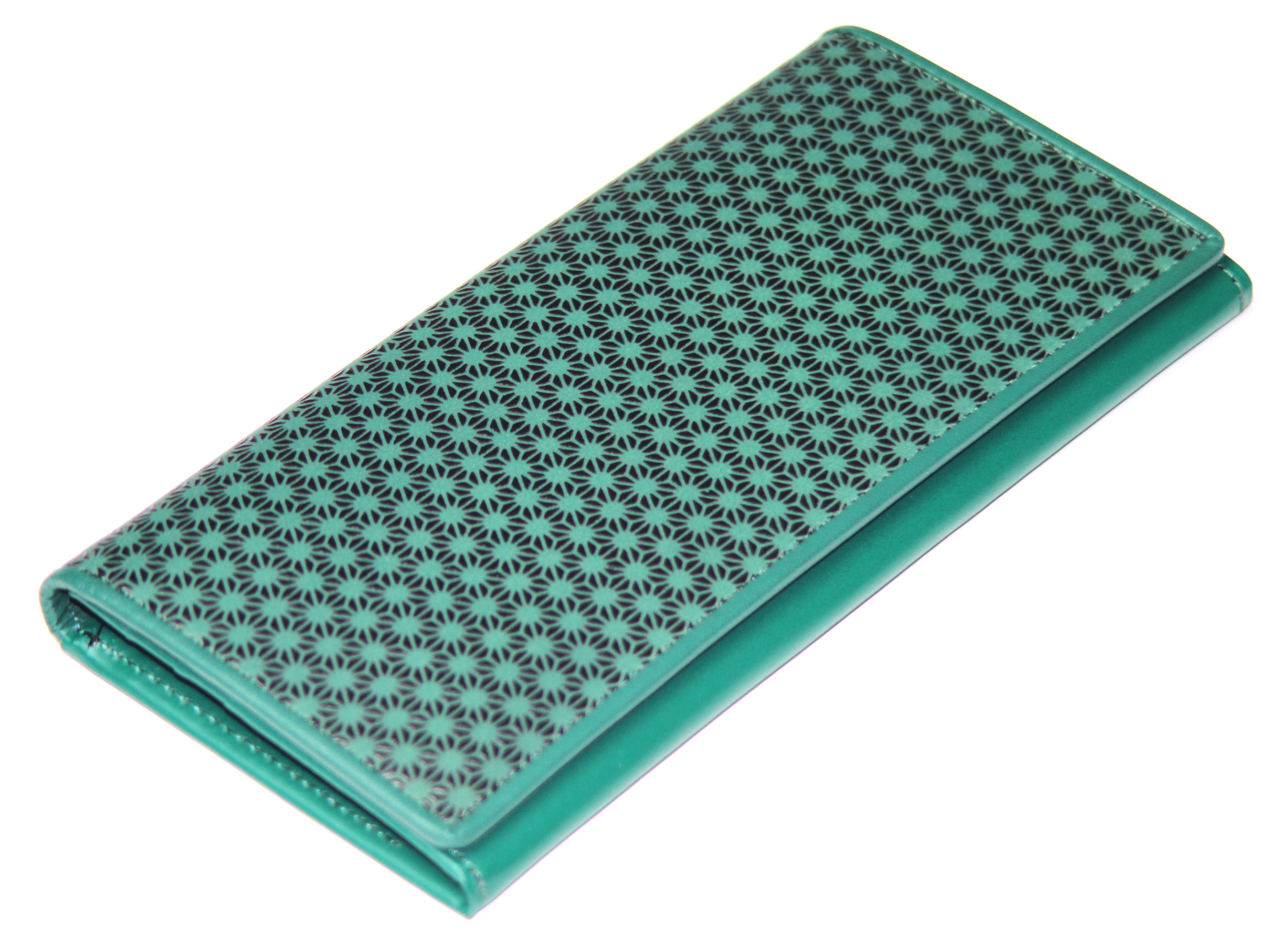 【新規OPEN】【期間限定セール】【激安】【新品未使用】 鹿革漆付け　牛革　麻の葉模様柄　印伝　日本製　シンプルロングウォレット　IDA-101　緑黒