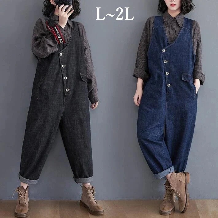 デニムサロペット オールインワン サルエルパンツ　レディース　大きいサイズ パンツ サルエル　ワイドパンツ　オーバーオール　 体型カバー 　楽ちん　ゆったり　 春秋　L　2L今日は30パーセント