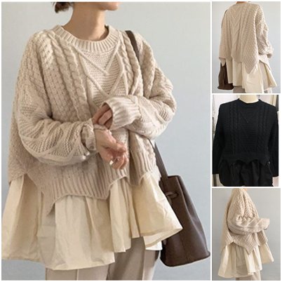 長袖ニット レディース フレアブラウス フレア レイヤード 長袖 ケーブル編み 体型カバー ボリューム袖 ニットブラウス カジュアル シャツ 重ね着風 レディーストップス フェイクシャツ