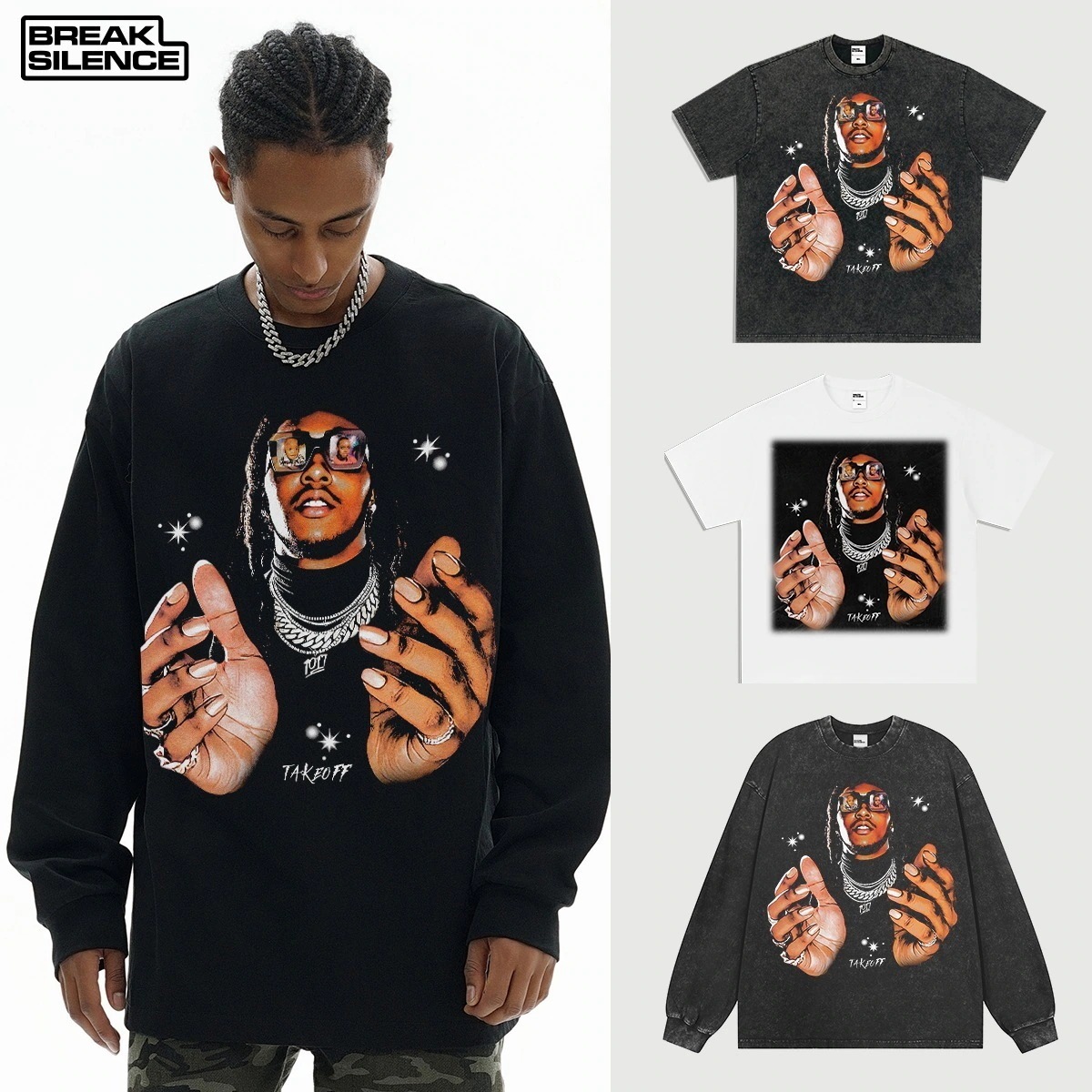 TAKEOFF ヒップホップラッパー アメリカンストリート半袖Tシャツ ウォッシュ加工 ダメージ加工