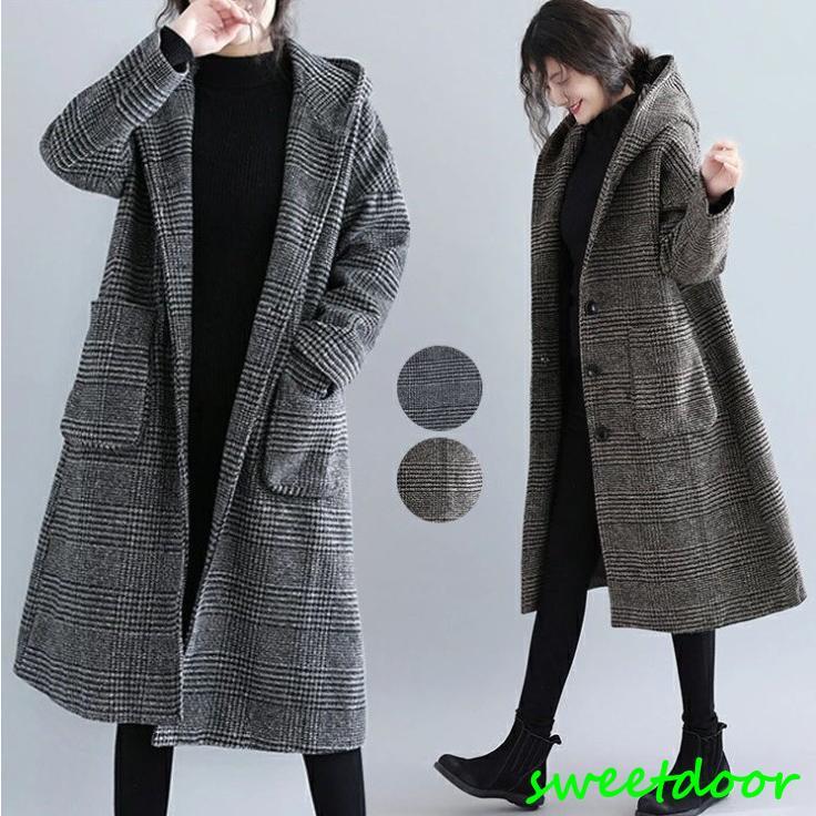 【2枚購入で100円OFF】グレンチェック コート チェスターコート レディース ロングコート フード付き アウター チェック柄 上着 ゆったり 大きいサイズ 秋 冬 6,458円