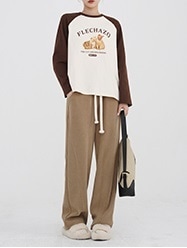 ステッチ長袖ガールカジュアルルーズプリントコントラストカラーラウンドネックTシャツ女性 XS S M L トップス 長袖 襟なし かわいい カジュアル 個性的 春 秋 冬 10代 20代 30代 休日