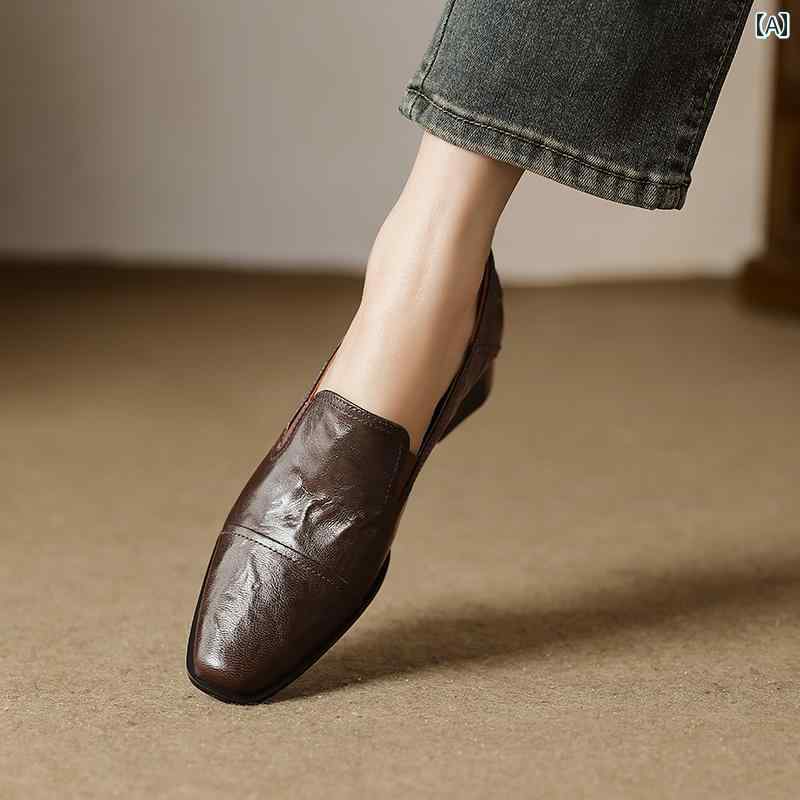 ローファー レディース オフィス 通勤 仕事 英国 ソフトレザー シープスキン スクエアトゥ ミディアム ヒール 深口 シングル シューズ ローヒール 太い ヒール 小さい 革靴 快適 多目的