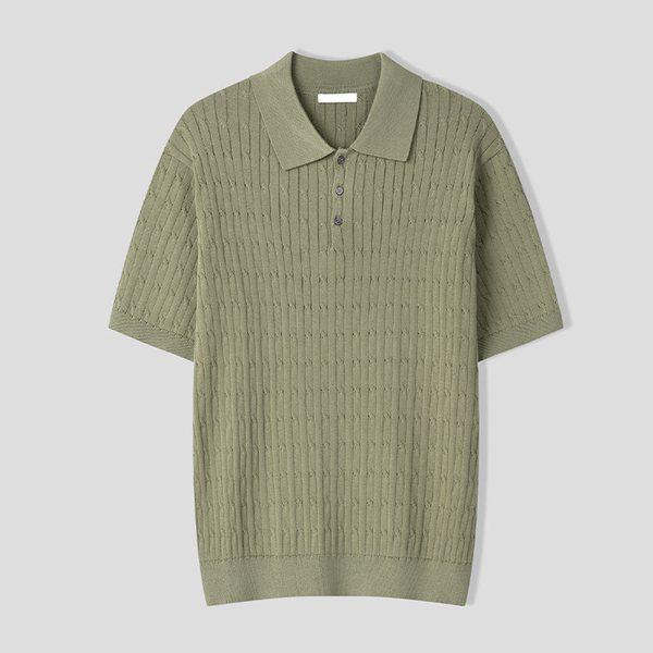 メンズベーシックケーブルカラーネック半袖ニットTシャツ AS-KNH-Q013-ライトカーキ
