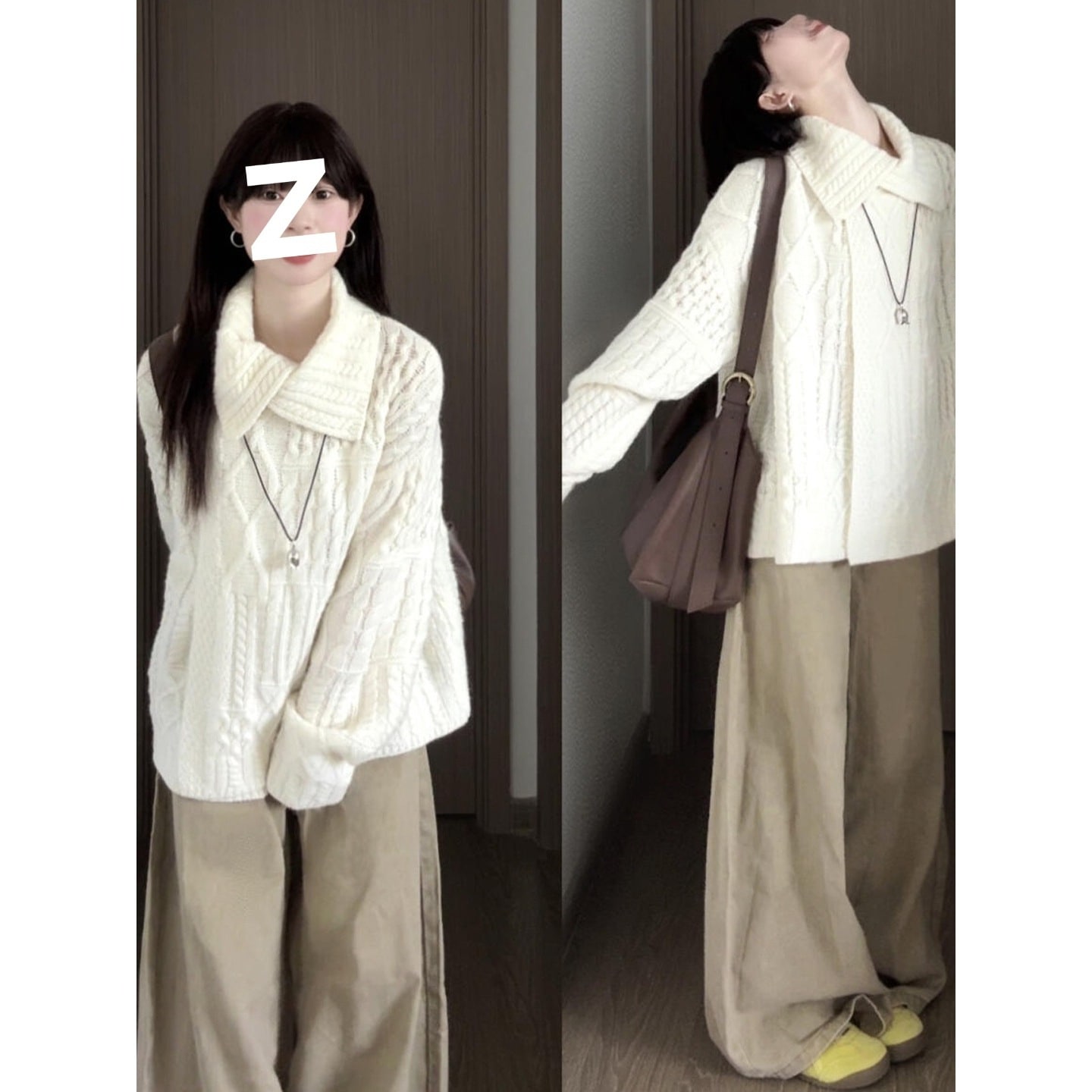 優しくフェミニンな襟のケーブルニットセーター2025年秋冬の新作デザインリラックス感のあるニットカーディガントレンドのトップス