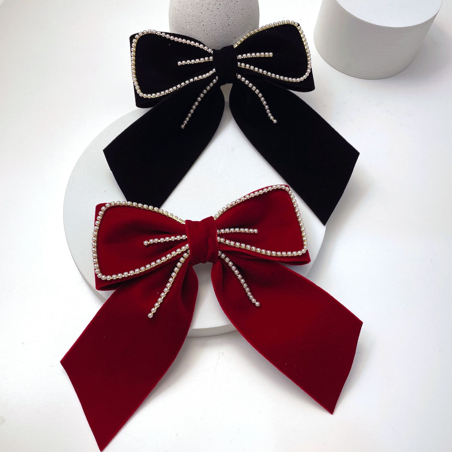 【1点ご購入 で10点プレゼントいたします】秋冬ベルベットパールリボンスプリングクリップヘアピン気質少女トップクリップヘアアクセ