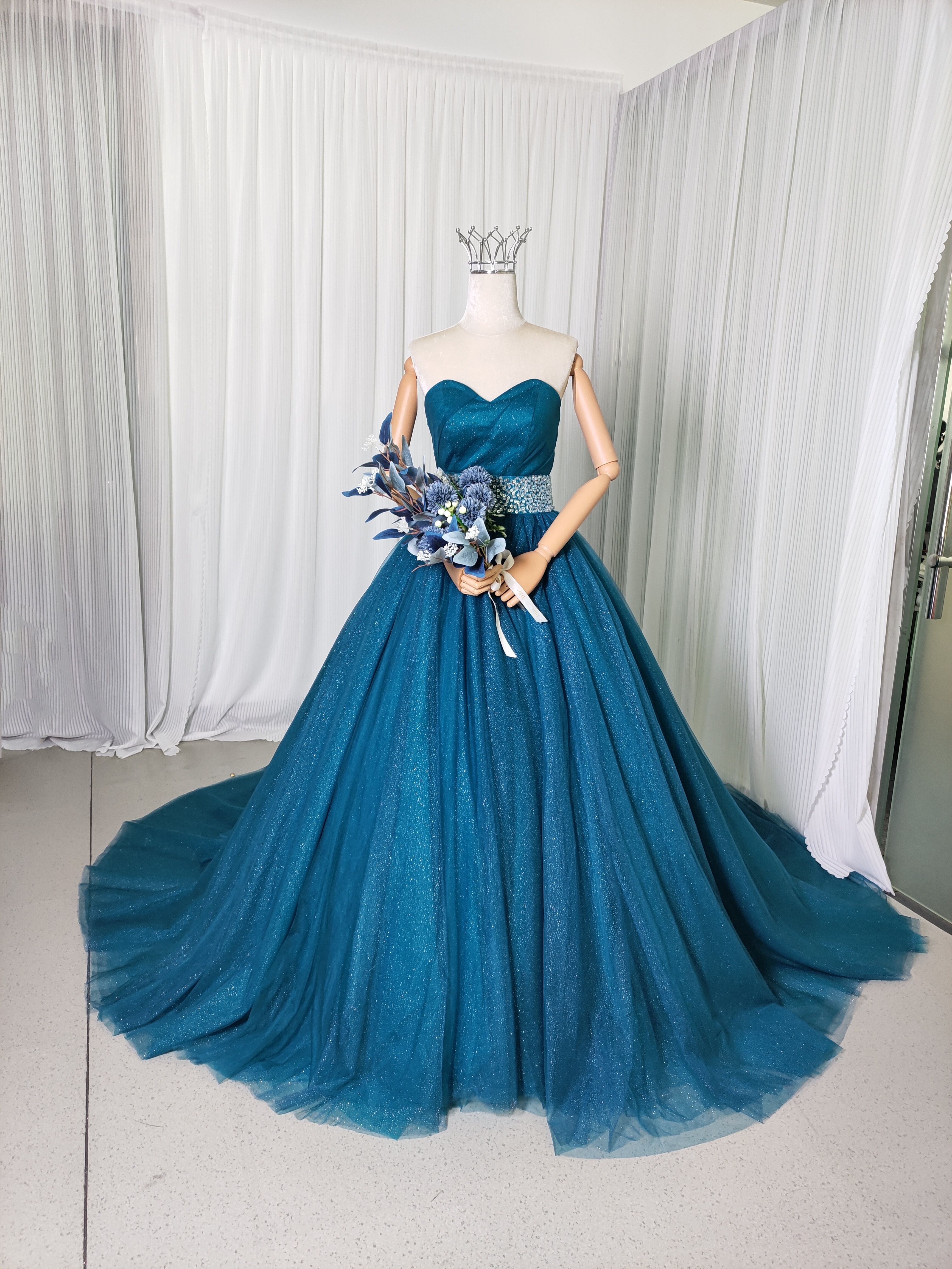 エレガント カラードレス ブルー ベアトップ ハンドメイド Aライン 編み上げ 演奏会/音楽会