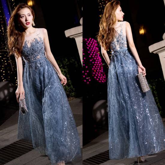 お得な価格パーティードレス ロング 結婚式 二次会 お呼ばれ ドレス 演奏会 ロングドレス フォーマル 大人可愛い ノースリーブ 刺繍 スパンコール 青 華やか 大きいサイズ XL 2XL 個性的 か