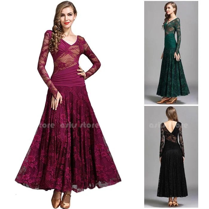 レディースダンス衣装 モダンダンス ドレス 社交ダンス衣装 ワンピース 長袖 レース 花柄 総柄 シースルードレス 大きい裾 ワルツ専用ドレス 舞台衣装 ダンスウ