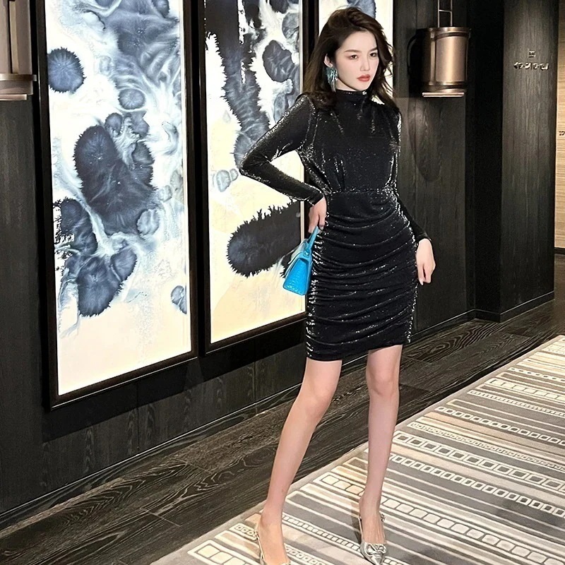 【JY.上品】 シルバーシルク タイトワンピ 秋冬 ハイネック フォーマル パーティードレス キャバドレス 同窓会 結婚式 披露宴 卒業式 演奏会 二次会 発表会30%までに制限 5,599円