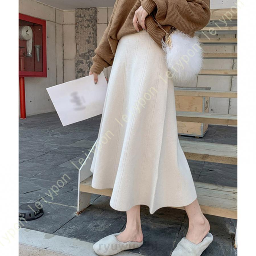 ニットスカート ニットフレア やわらかい 伸縮性 Aライン 冬 秋 レディース ウエストゴム 厚手 暖かい 防風 冬服 エレガント 普段着 通勤 履きやすい