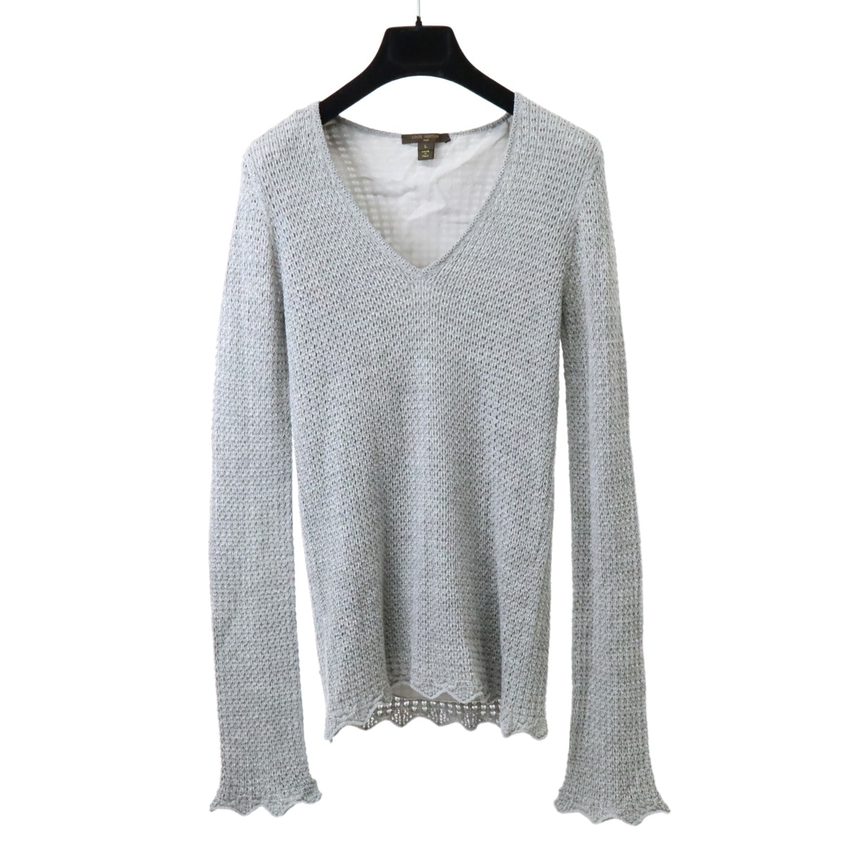 ニット トップス 長袖 Vネック ウール100% グレー #L Lサイ