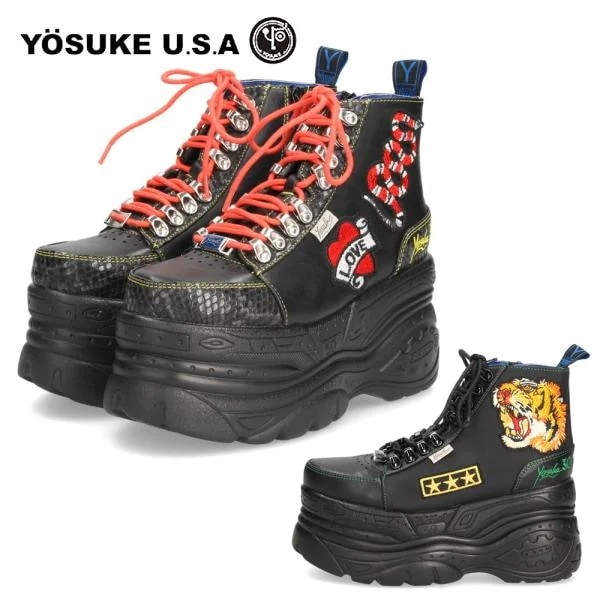 ヨースケ スニーカー yosuke shoes レディース 2601142 靴 ワッペン付き厚底スニーカ 3E ハイカット レースアップ 安定感