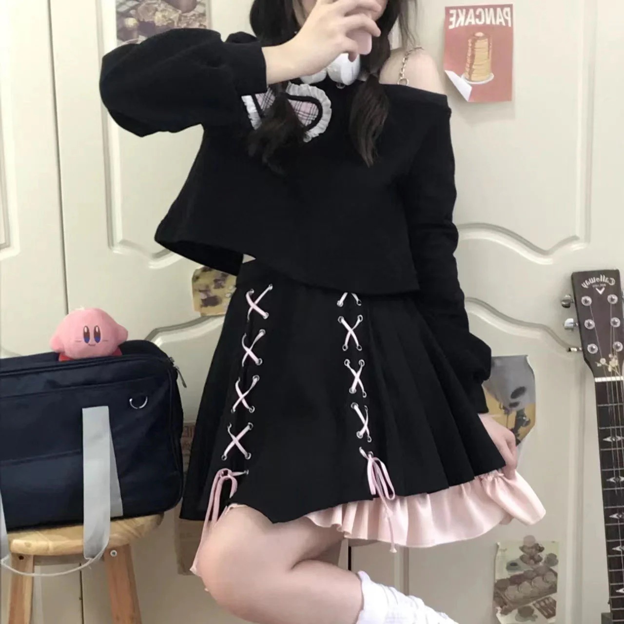 ブラックパウダースーツショートトップスハイウエストハーフスカートキュートティーンエイジ2点セットファッショントップス2点セット夏服レディース上着半ズボンセットアップ地雷原宿