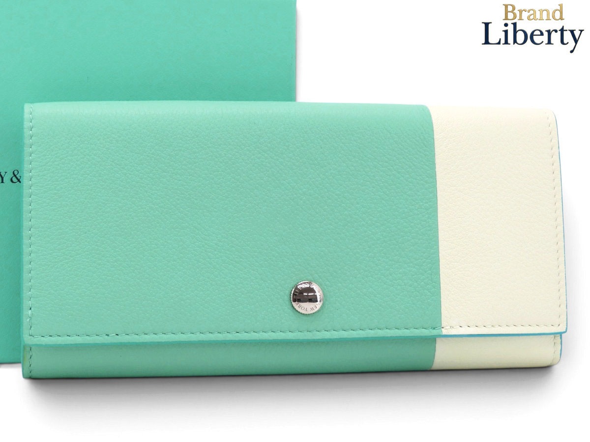 未使用ティファニーTIFFANY&Co.バイカラーコンチネンタルフラップウォレット二つ折り長財布ティファニーブルーホワイトグレインカーフスキン