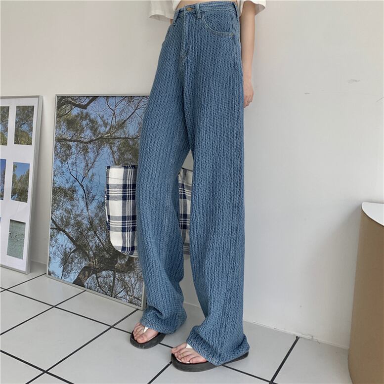 2color レディース ジャガードデニムパンツ ワイドパンツ ツイード風 ハンサム デニム