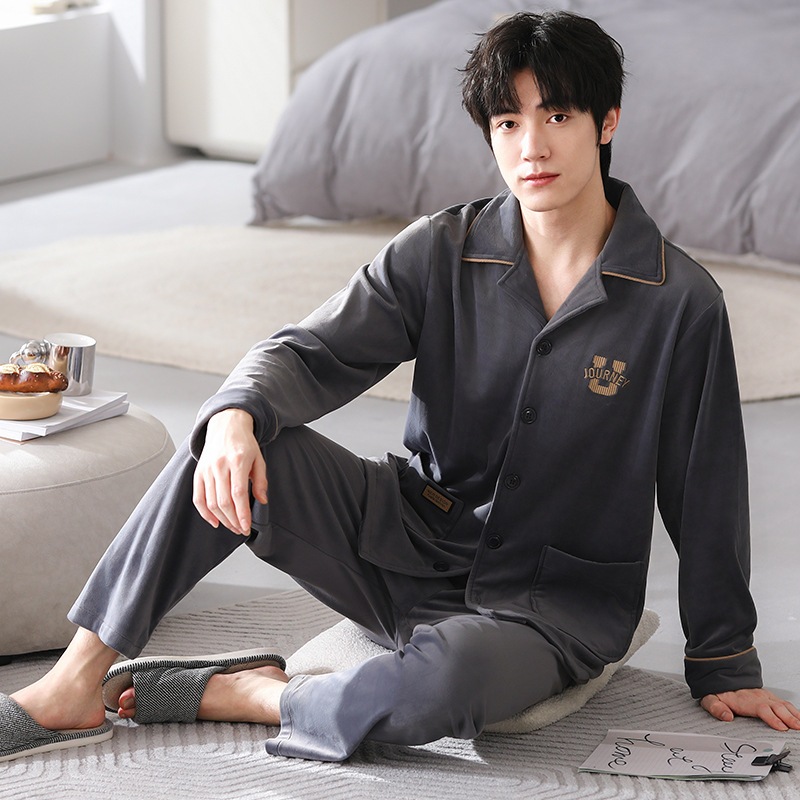 メンズパジャマコーラルベルベット2024新作秋冬フランネルアイランドベルベットホーム服は外でも着用可能薄いベルベットスーツ