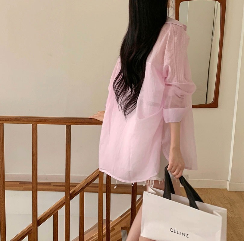 韓国の女性ファッション/ [3color] ストライプシースルールーズフィットシャツ bs1147