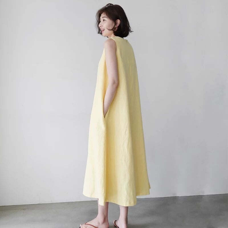 ワンピース フレアワンピース ロング ロング丈 マキシ マキシ丈 袖なし ノースリーブ Uネック フレア Aライン 綿 麻 リネン かわいい 大人可愛い シンプル カジュアル おしゃれ お洒落