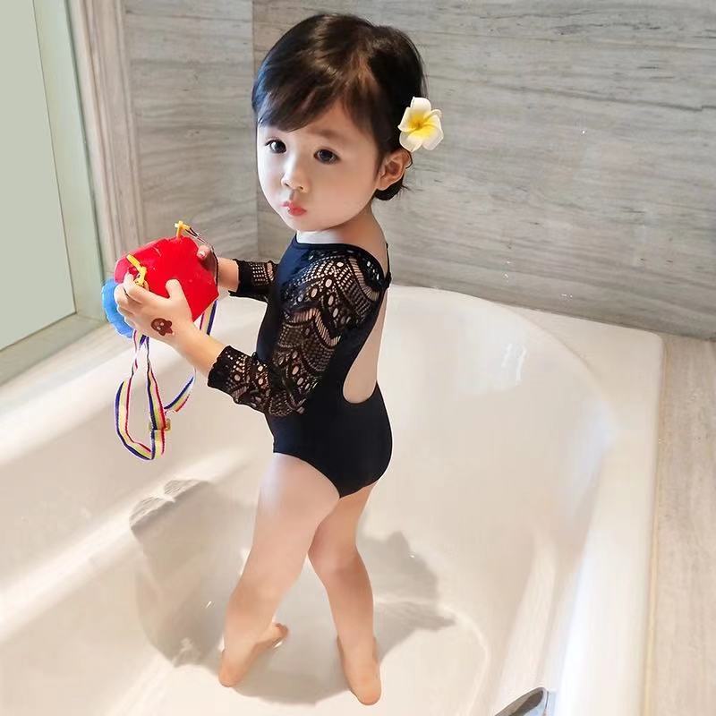 水着 レディース 子供女の子水着子供服新型夏姫連体黒レース子供水着女の子赤ちゃん長袖水着ワンピース 韓国ファッション