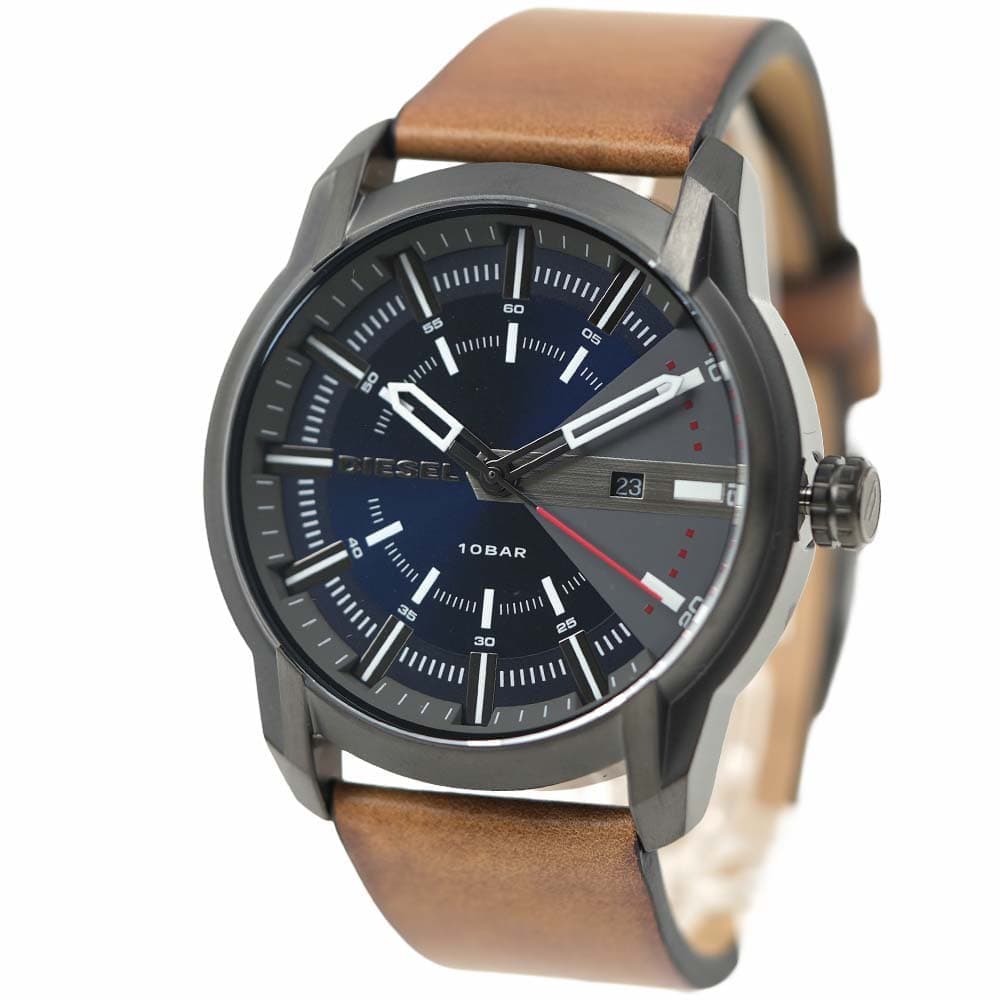 ディーゼル 腕時計 メンズ 日付カレンダー レザーベルト ブラウン ネイビー DIESEL DZ1784 (旧ロゴ仕様)